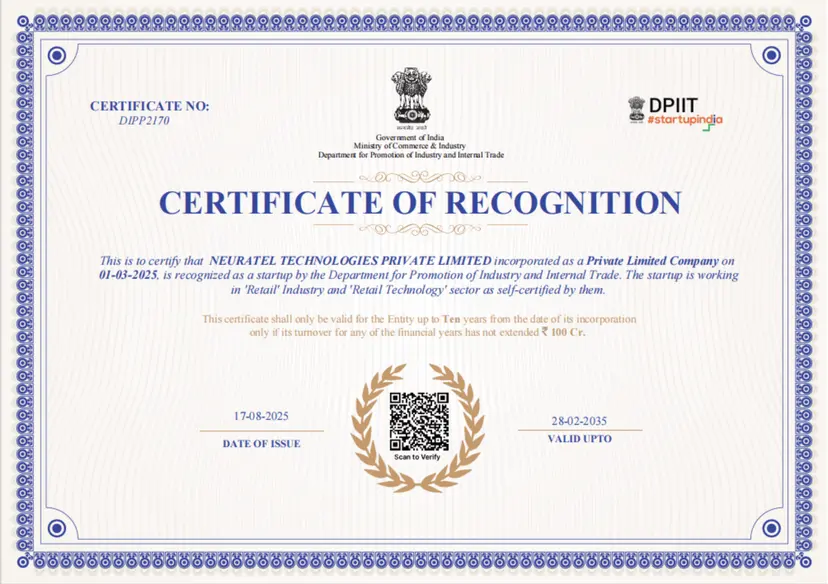 Startup India certificate of recognition for NEURATEL TECHNOLOGIES PRIVATE LIMITED
